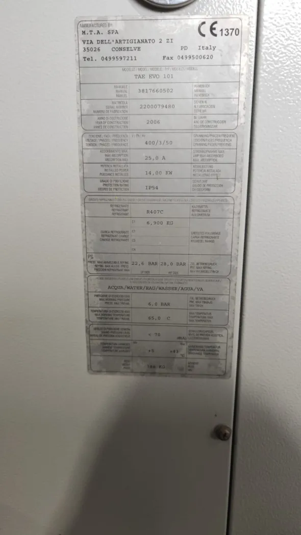 Chiller frigo Mta tae evo 101raffreddamento