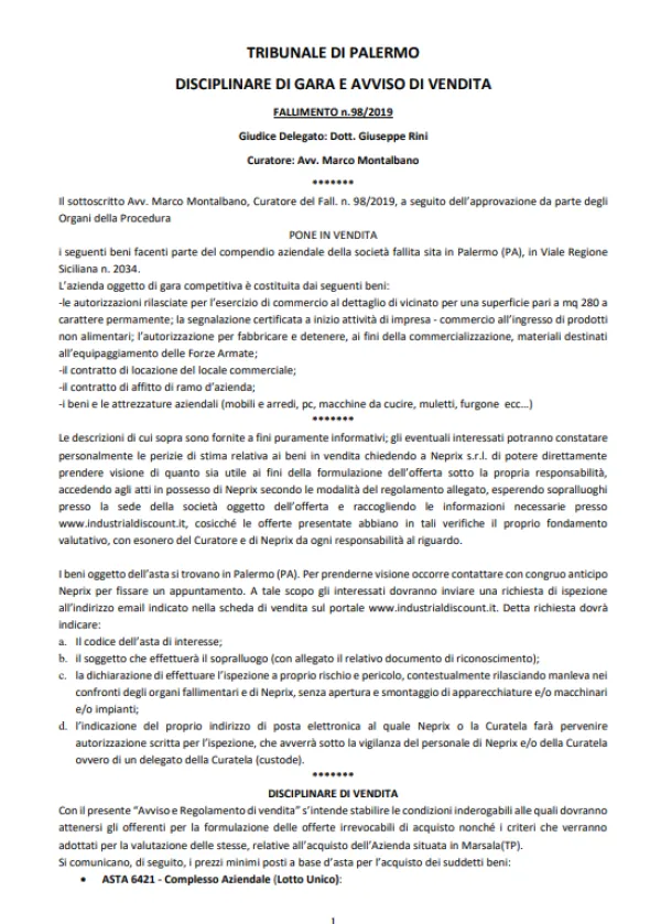Fall. n. 98/2019 del Trib. di Palermo