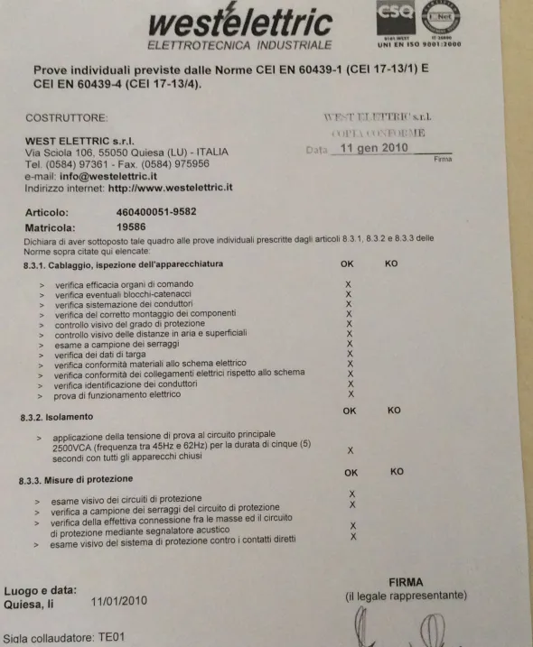 Quadro elettrico Westelettric 400V