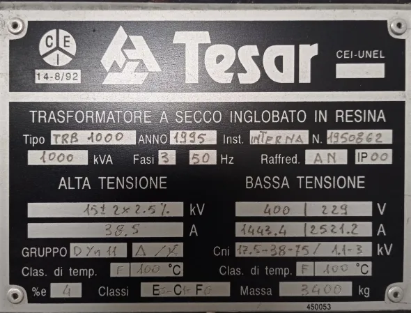 Trasformatore in resina TESAR 15 kV 1000 kVA